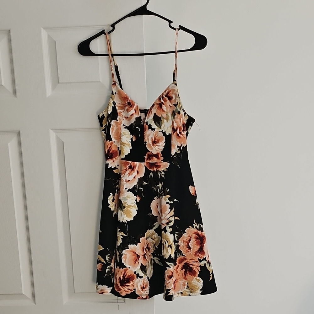 Haute Monde Black Mini Dress with Peach & Cream Floral Print